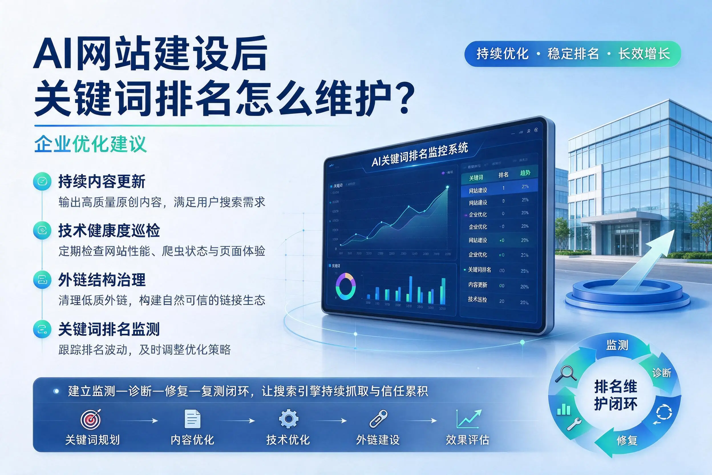 AI网站建设后关键词排名怎么维护?自贡企业优化建议