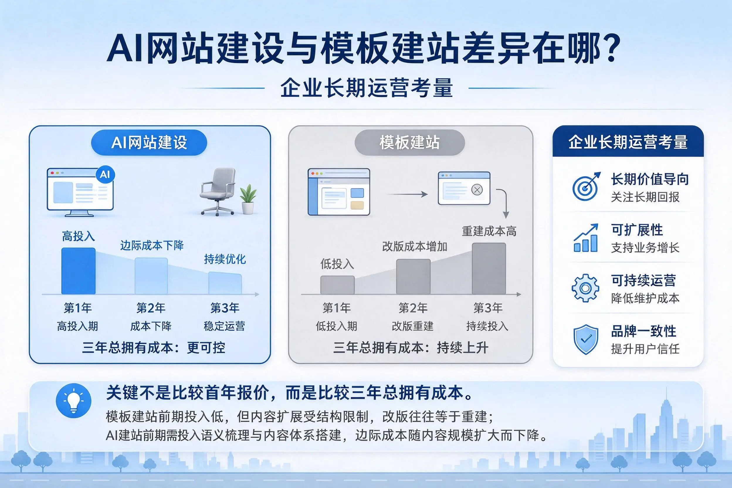 AI网站建设与模板建站差异在哪？自贡企业长期运营考量